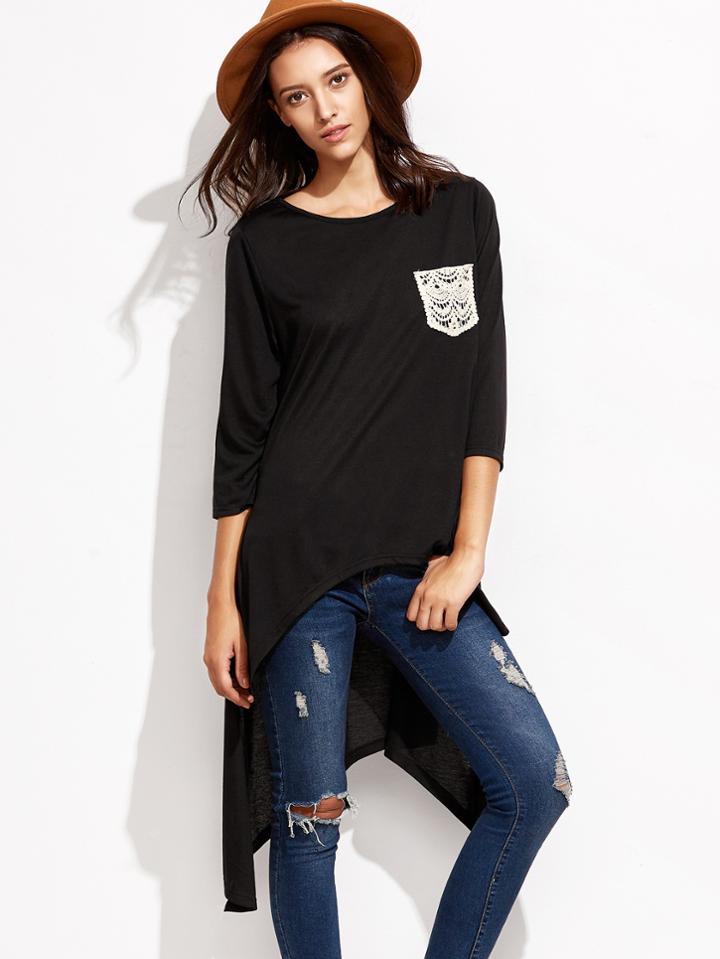 Romwe Black Contrast Crochet Pocket High Low T-shirt