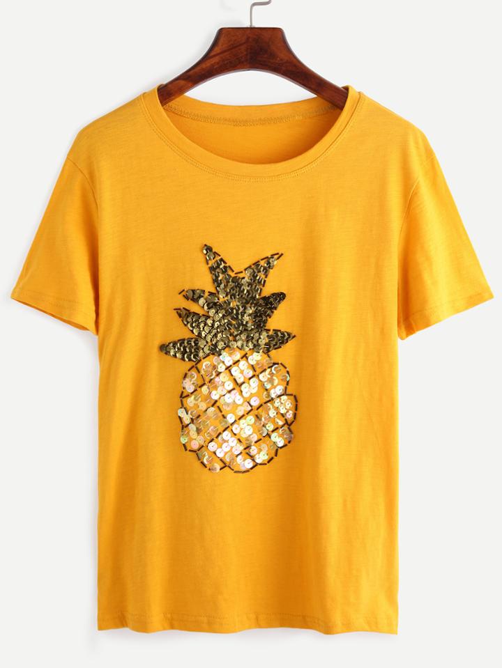 Romwe Yellow Sequin Pineapple T-shirt