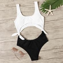 Romwe Two Tone Cut-out Tie Side Monokini