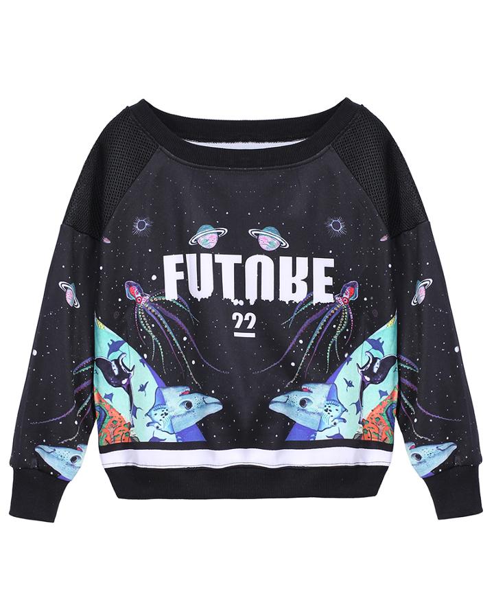 Romwe Shark Futnbe Print Crop Sweatshirt