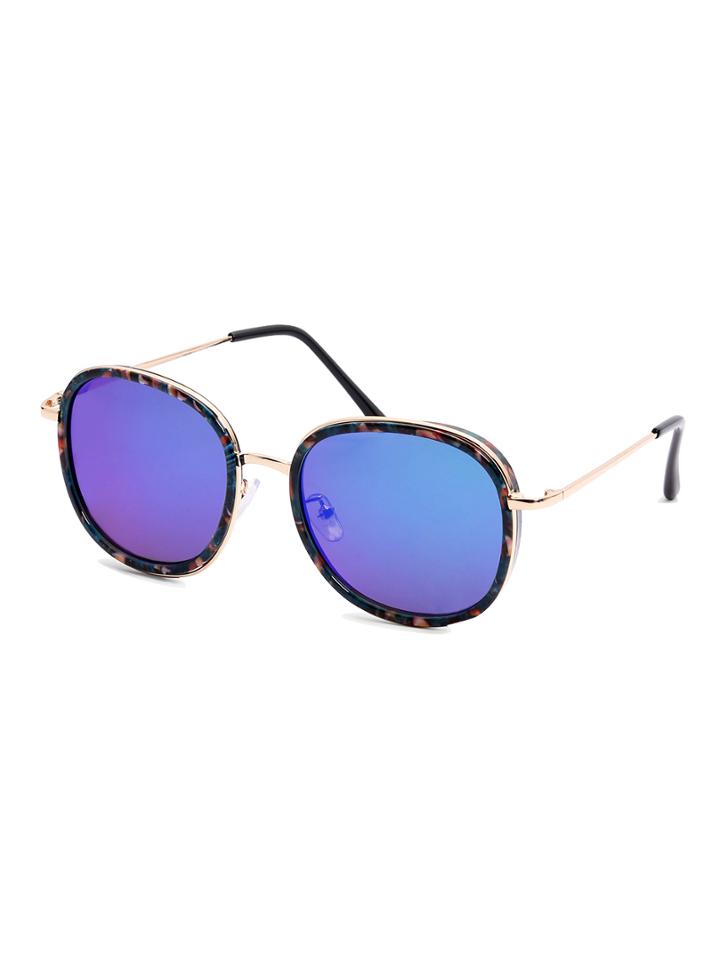 Romwe Floral Frame Metal Arm Blue Mirrored Lens Sunglasses