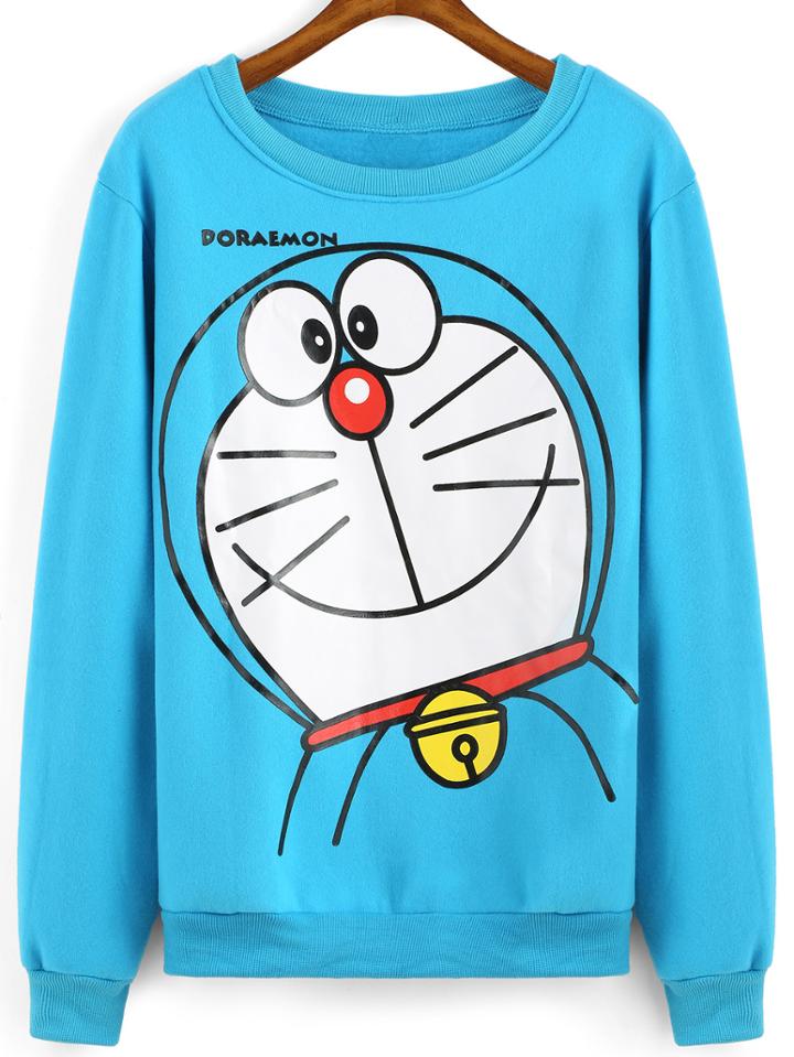 Romwe Cartoon Print Loose Blue Sweatshirt