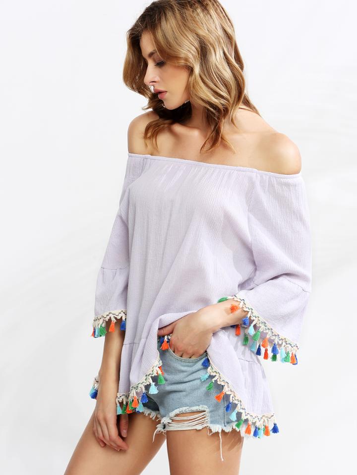 Romwe Purple Tassel Trim Off The Shoulder Ruffle Top