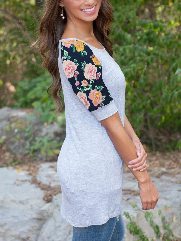 Romwe Elbow Sleeve Blue Florals Long T-shirt