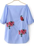 Romwe Blue Off The Shoulder Stripe Embroidery Dress