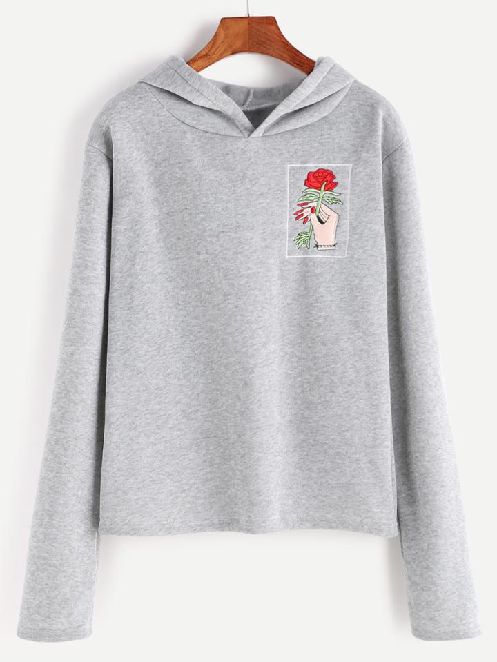 Romwe Pale Grey Hand Rose Embroidery Hooded T-shirt
