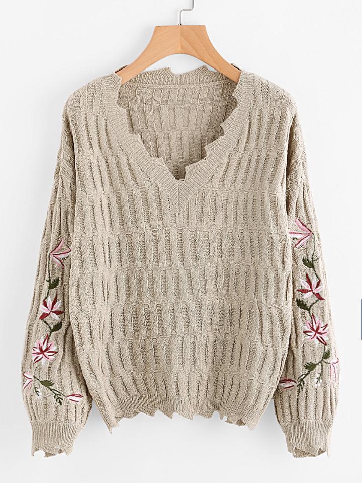 Romwe Embroidered Sleeve Distressed Sweater