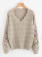 Romwe Embroidered Sleeve Distressed Sweater