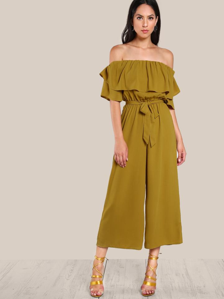 Romwe Flounce Off Shoulder Self Tie Culotte Jumpsuit
