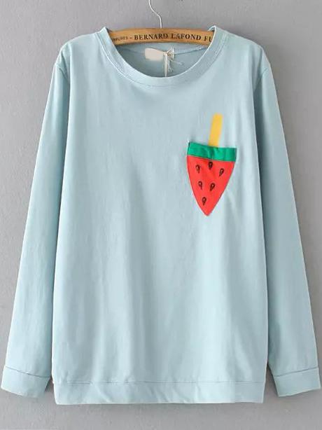 Romwe Blue Round Neck Watermelon Print Loose T-shirt