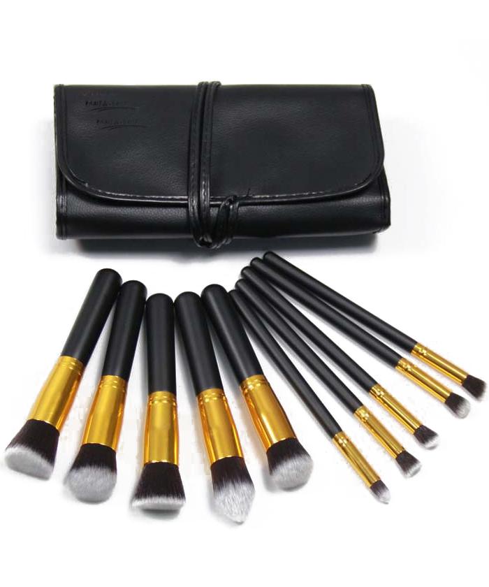 Romwe 10pcs Professional Makeup Set Brushes Tools Gold Black With Bag