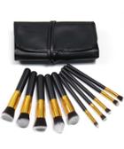 Romwe 10pcs Professional Makeup Set Brushes Tools Gold Black With Bag