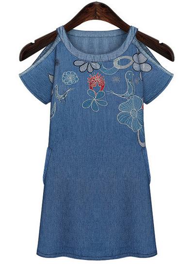 Romwe Open Shoulder Embroidered With Pockets Denim Dress