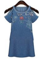 Romwe Open Shoulder Embroidered With Pockets Denim Dress