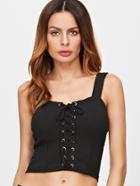 Romwe Black Lace Up Front Ribbed Crop Cami Top