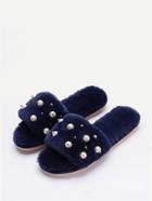 Romwe Faux Pearl Overlay Fluffy Slippers