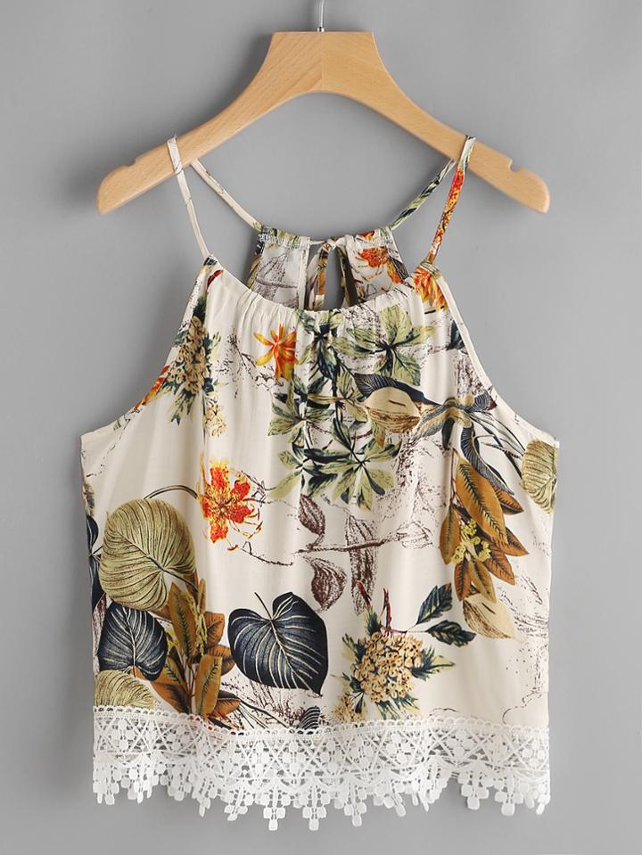 Romwe Palm Leaf Self Tie Back Lace Hem Cami Top