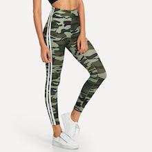 Romwe Camo Print Striped Tape Side Leggings