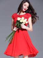 Romwe Red Round Neck Cap Sleeve Sequined Lace Dress