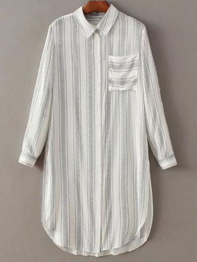 Romwe Beige Lapel Striped Casual Blouse