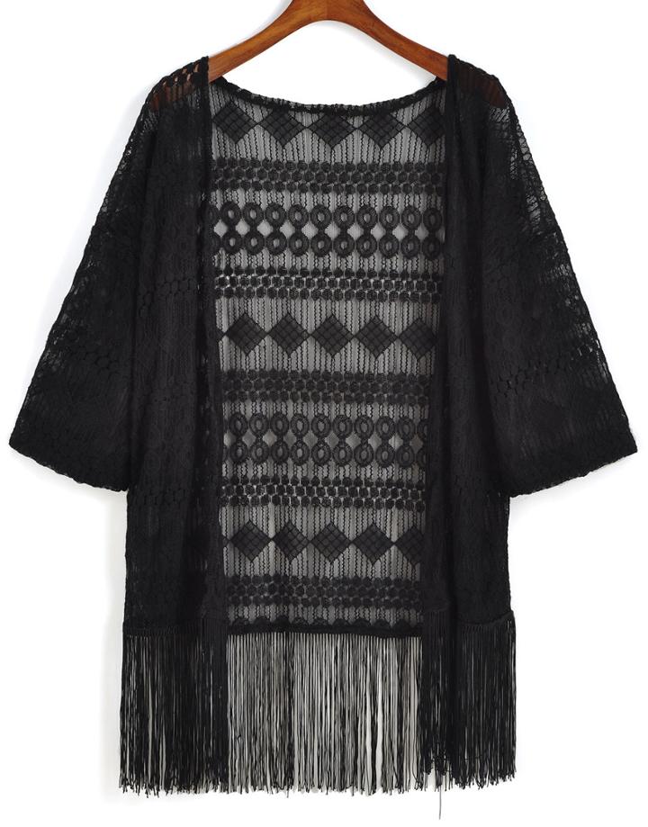 Romwe With Tassel Hollow Black Top