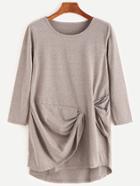 Romwe Khaki Long Sleeve Twist Drape T-shirt