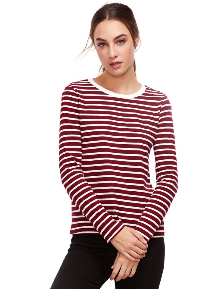 Romwe Burgundy Long Sleeve Striped T-shirt