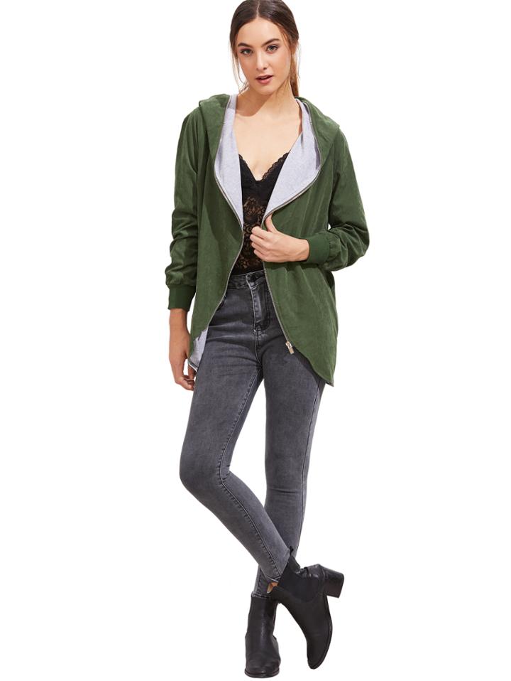 Romwe Army Green Hooded Zip Up Pockets Loose Coat