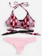 Romwe Graphic Print Wrap Halter Bikini Set
