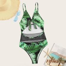 Romwe Palm Print Mesh Insert Cut-out One Piece Swimsuit