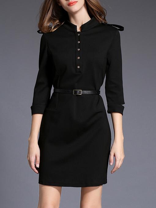 Romwe Black Belted Band Collar Half Placket Shirt Dress