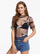 Romwe Tape Trim Bird Embroidered Sheer Top