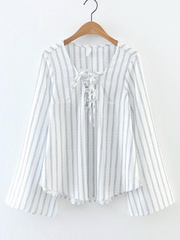 Romwe White Vertical Striped V Neck Lace Up Bell Sleeve Blouse