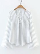 Romwe White Vertical Striped V Neck Lace Up Bell Sleeve Blouse