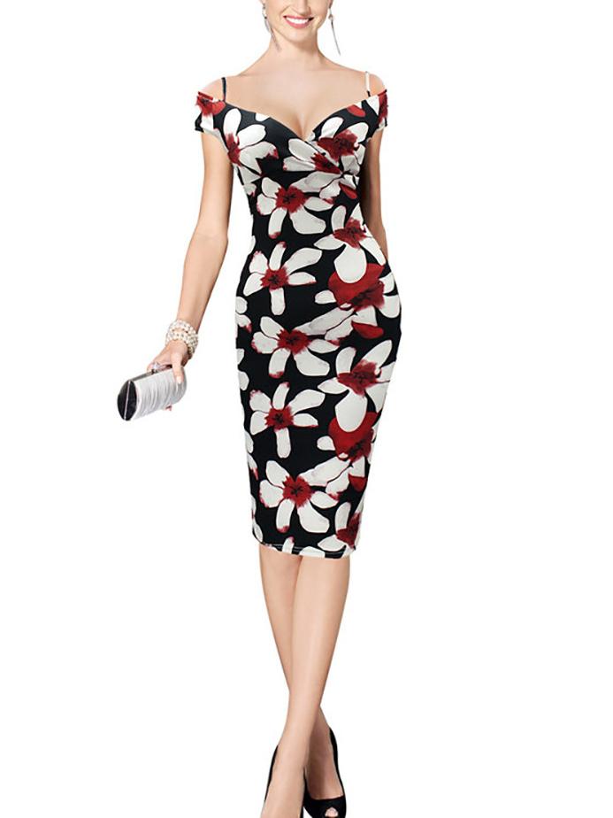 Romwe Off-the-shoulder Multicolor Flower Print Pencil Dress