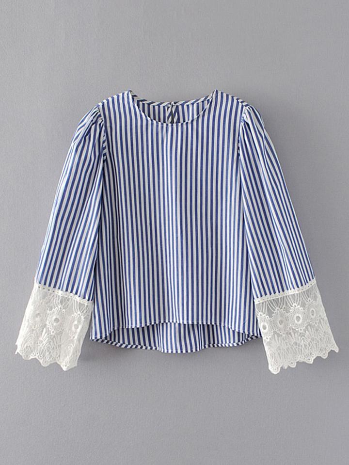 Romwe Contrast Lace Cuff Vertical Striped High Low Blouse