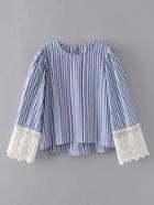 Romwe Contrast Lace Cuff Vertical Striped High Low Blouse