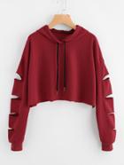 Romwe Cut Out Sleeve Raw Hem Crop Hoodie