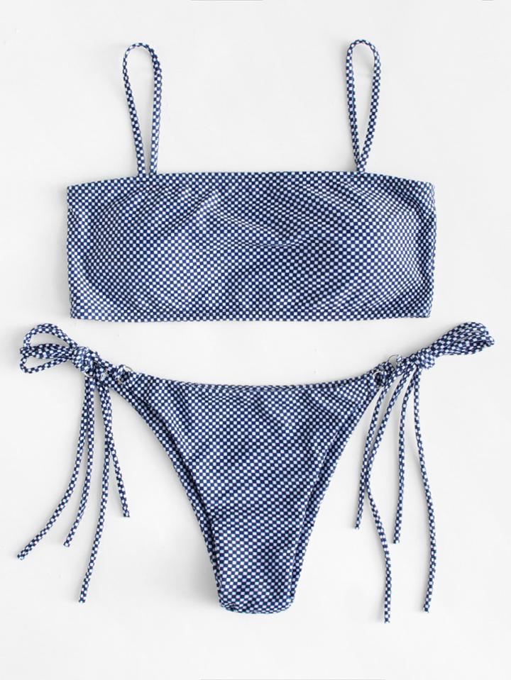 Romwe Tie Side Checker Bikini Set