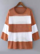 Romwe Half Sleeve Striped Coffee Sweater