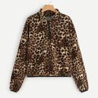 Romwe Zip Front Leopard Pint Collar Pullover