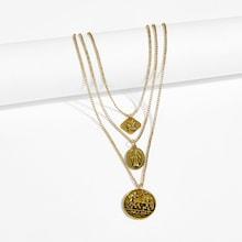 Romwe Figure Engraved Round Pendant Layered Necklace