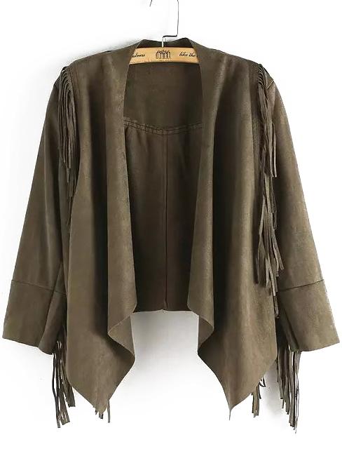 Romwe Long Sleeve Tassel Crop Army Green Coat