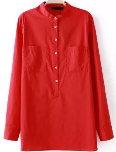 Romwe Stand Collar With Pockets Red Blouse