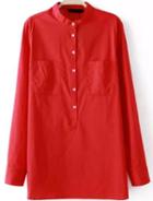Romwe Stand Collar With Pockets Red Blouse