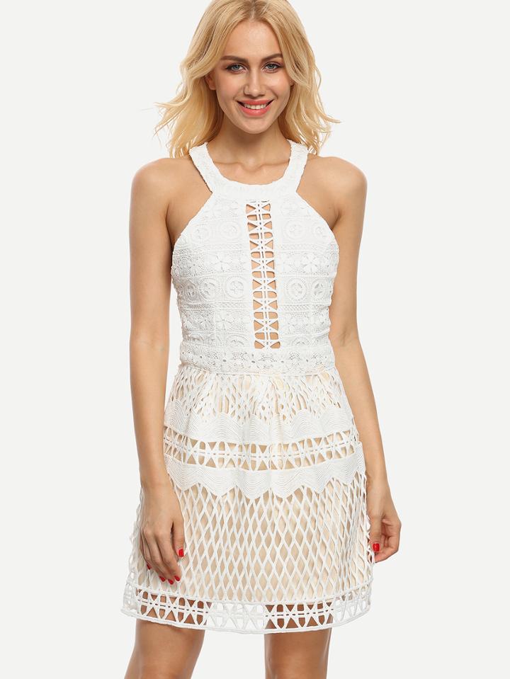 Romwe Halter Neck Cutout Lace Dress - White