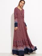 Romwe Burgundy Ornate Print Lace Front Contrast Trim Maxi Dress