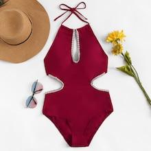 Romwe Lace Trim Halter Backless One Piece Swimwear