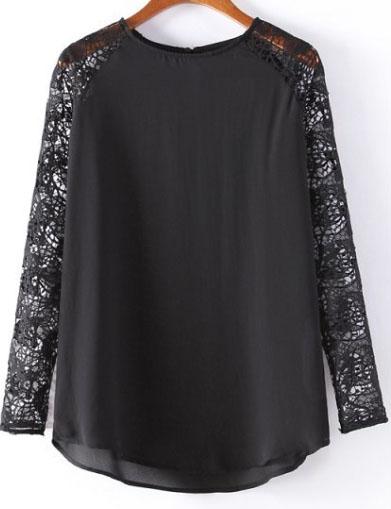 Romwe Lace Long-sleeve Loose Black Blouse