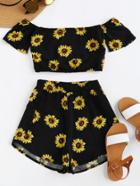 Romwe Bardot Sunflower Print Crop Top And Shorts Set
